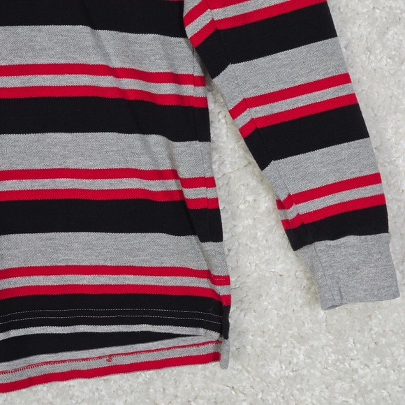 Polo Sport Shirt Mens XL (Fits M) Gray Black Red Stripe Cotton Rugby Preppy Y2K - Picture 2 of 10